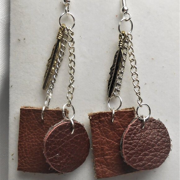No.1140 Handmade earrings with leather pieces 2 1/2 inches long - Picture 1 of 2